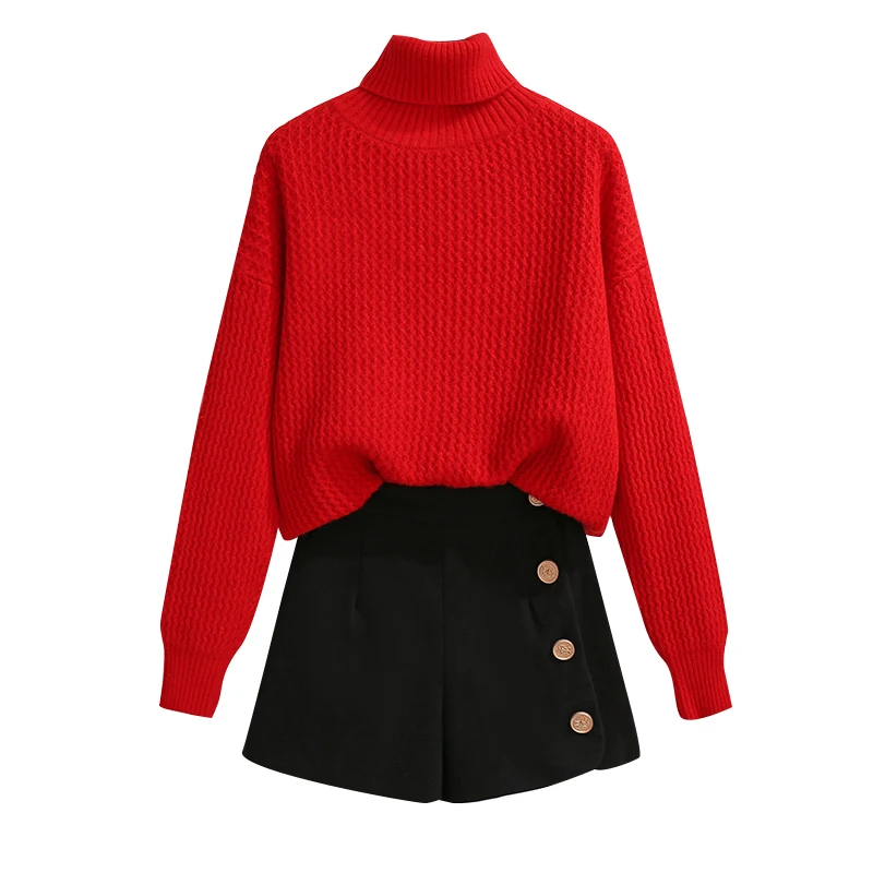 

ICHOIX 2020 Winter New Arrival Famale Turtleneck Pullover Sweater Woolen Black Shorts Two-Piece Suit Office Lady Outfits