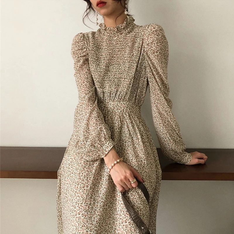 

Spring Fall Vintage Stand Collar Ruched Sleeve A-line Party Dress Women Floral Print Boho Long Dress Female Vestidos Femme 2021