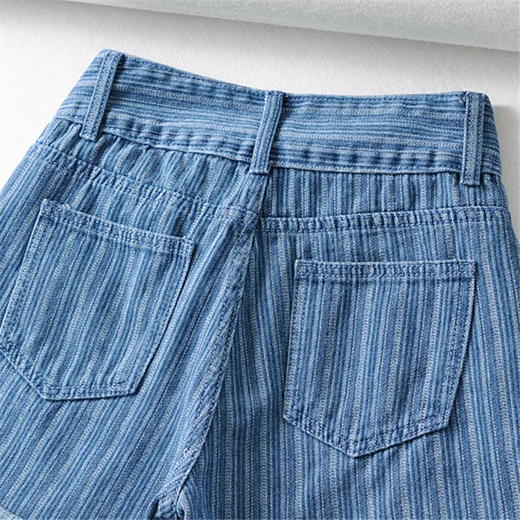 

2021 Summer New High Waist Double Buckle Denim Shorts Loose Slimming Vertical Striped Curling Wide Leg Pants