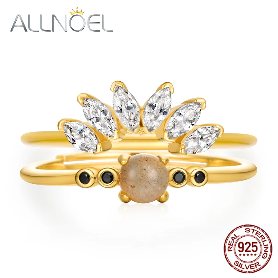 

ALLNOEL Silver 925 Sterling Silver Rings For Women 5A Zircon Diamond Natural Labradorite Gemstone Unique Design Stackable Rings