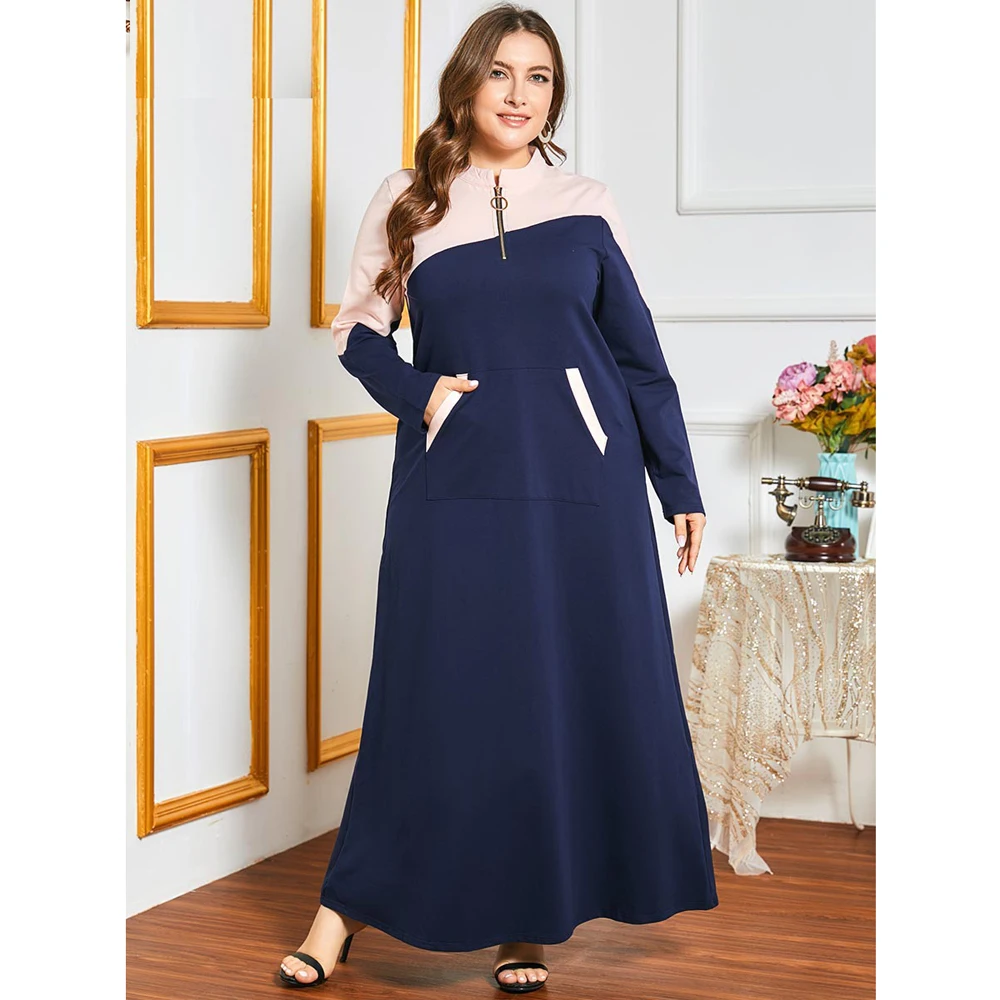 

Abayas Muslim Women Long Dress Arab Jilbab Turkish Color Block Front Zipper Patchwork Abayas Middle East Plus Size Ramadan Islam