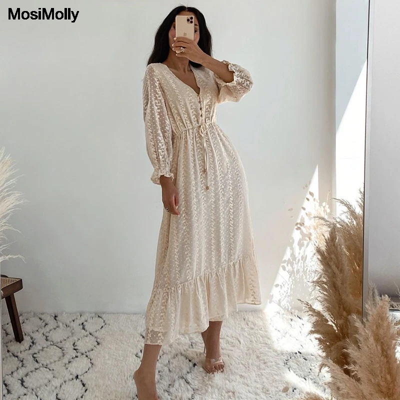 

Кружевное жаккардовое платье MosiMolly с цветочным узором, женское платье миди с длинным рукавом, Пляжное Платье в стиле бохо, женские платья, пл...