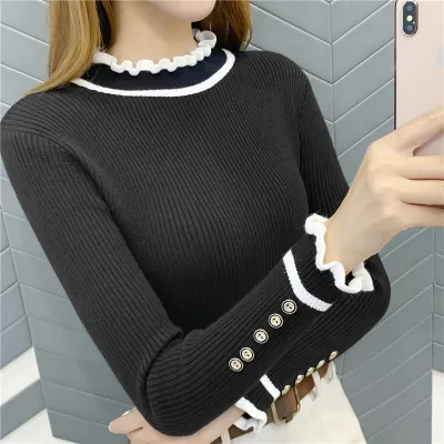 OHCLOTHING5344-женские свитера 2019New Женский пуловер высокая эластичность falbala вязаный кружевной воротник подходит ко всему джемпер - Цвет: black