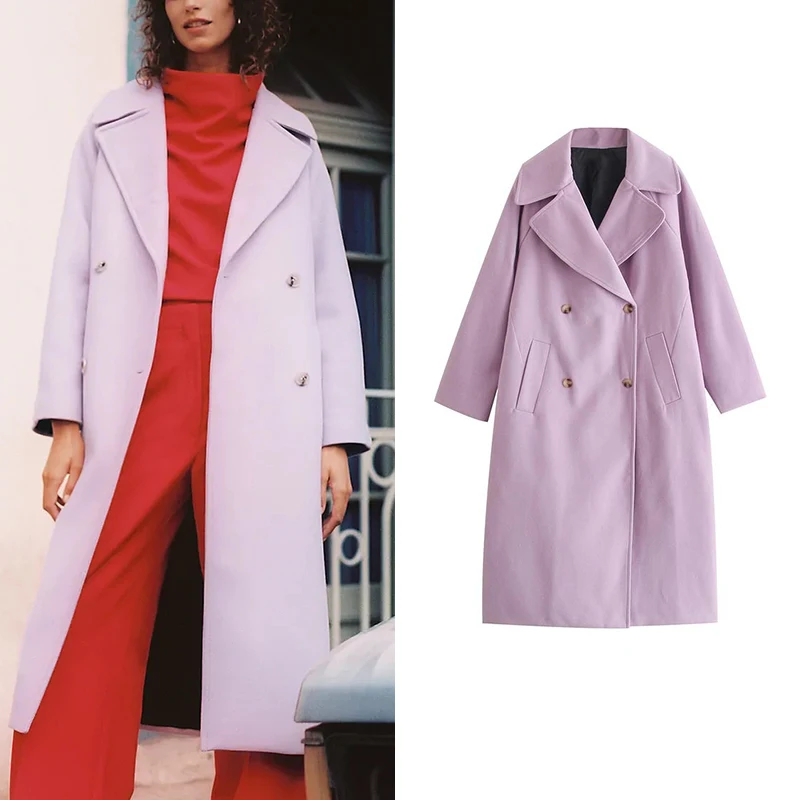 

Женское зимнее длинное шерстяное пальто ZA, толстое теплое шерстяное пальто, двубортное Женское пальто, модная уличная одежда, 2021