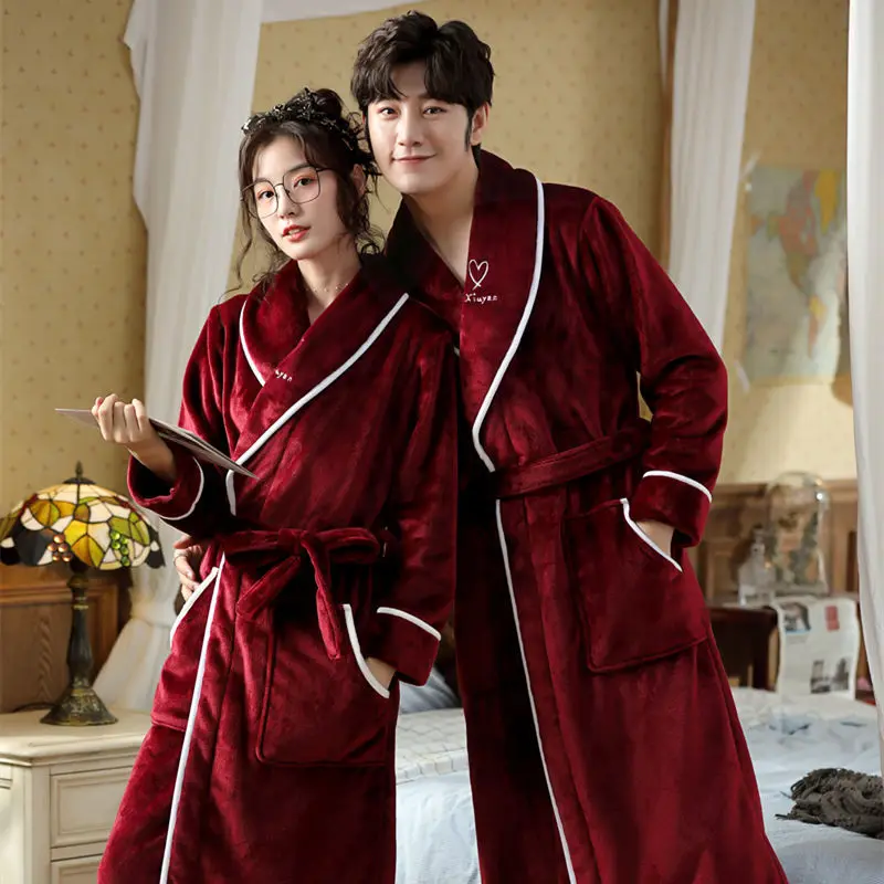 Winter Facecloth Thickened Couple Robe Women Coral Velvet Bathrobe Men and Women Plus Velvet Plus Long Pajamas Home Wear Pajamas