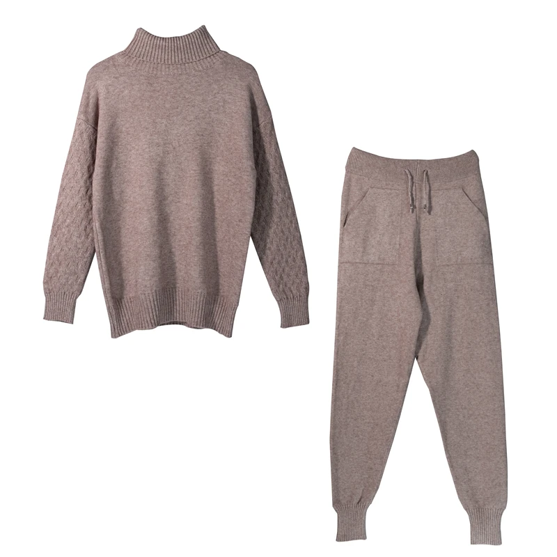 

2021 Autumn Winter Thick Warm Sweater 2 Pieces Sets Turtleneck Knitted Turtleneck Pullovers + Pocket Long Pencil Pants Suits