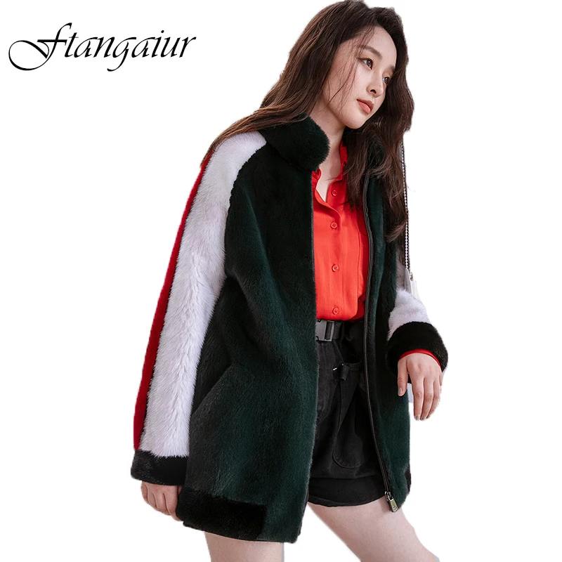 

Ftangaiur New Winter Coat Women Velvet Mink Fur Overcoats Contrast Color Women's Medium Luxury Nature Real Mink Fur Coats