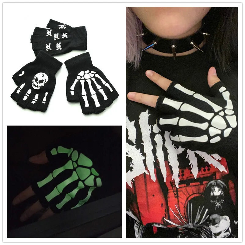 

Warm Knitting Gloves For Adult Solid Acrylic Half Finger Glove Human Skeleton Head Gripper Print Cycling Non-slip Wrist Gloves