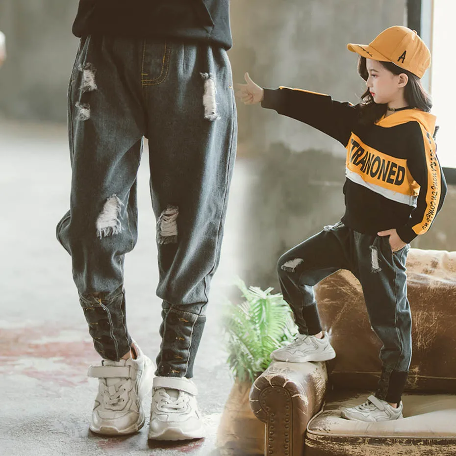 Jeans Girl Fashion Hole For Girls Single-Breasted Patchwork Kids Autumn Novelty Children's Pants |