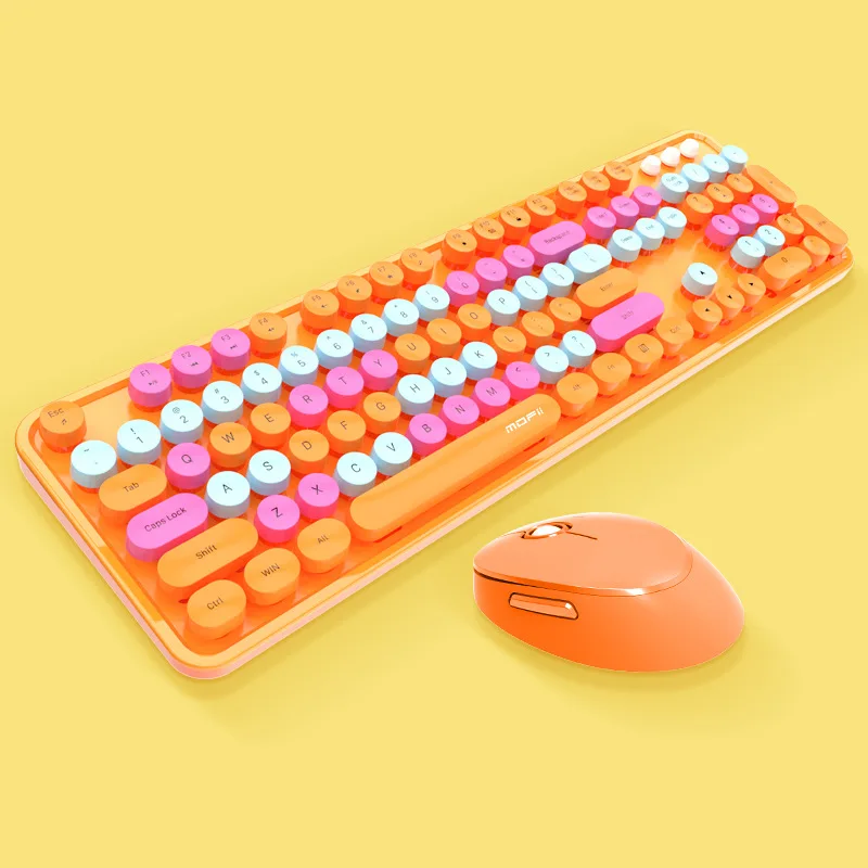 

2.4G Wireless Game Keyboard Mouse Combos Office Use Mixed Lipstick Color Pumk Round Keycap Keyboard for Gamer Notebook PC Laptop