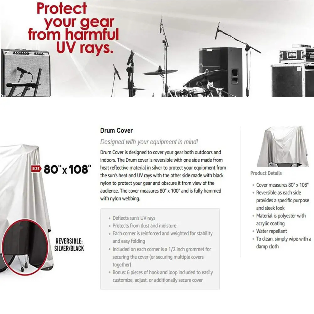 Drum Dust Cover Weighted Corners Waterproof Musical Instrument Silver Acrylic Coating Protects |