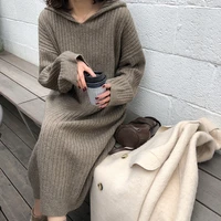 autumn and winter long sleeved all match hooded collar casual gray and black warm knitted loose dress for women