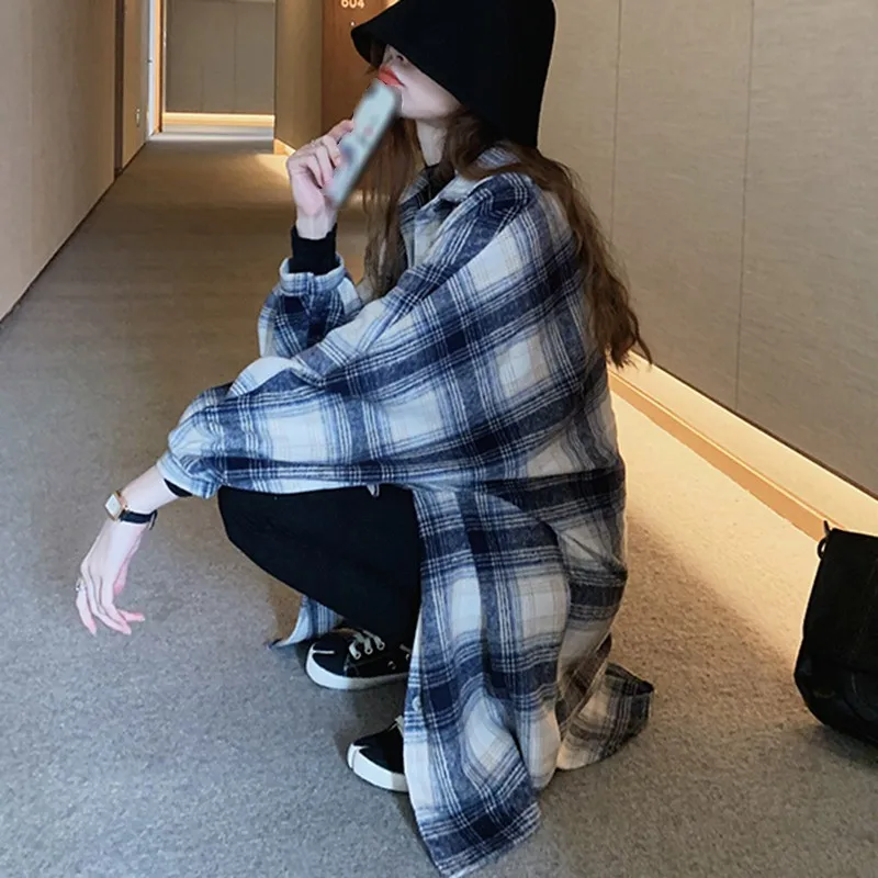 

Korean Style Vintage Wild Plaid Pattern Long Shirt Fashion Casual Lapel Long Sleeve Blouse For Women 2020