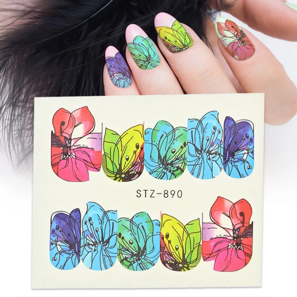 

1set 14 types Ins Nail Art Sticker French Ink Flower Watermark Decal Nail Decorations Watercolor Flower DIY Design