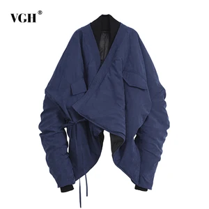 Женская Асимметричная куртка VGH, синяя парка большого размера с V-образным вырезом и длинным рукавом, со шнуровкой и рюшами, пальто на зиму 2020