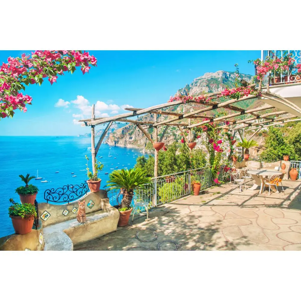 Летний фон для фотосъемки Yeele Coastal City Stone House Flower Tree Stair на заказ для фотостудии - Цвет: NBK18350