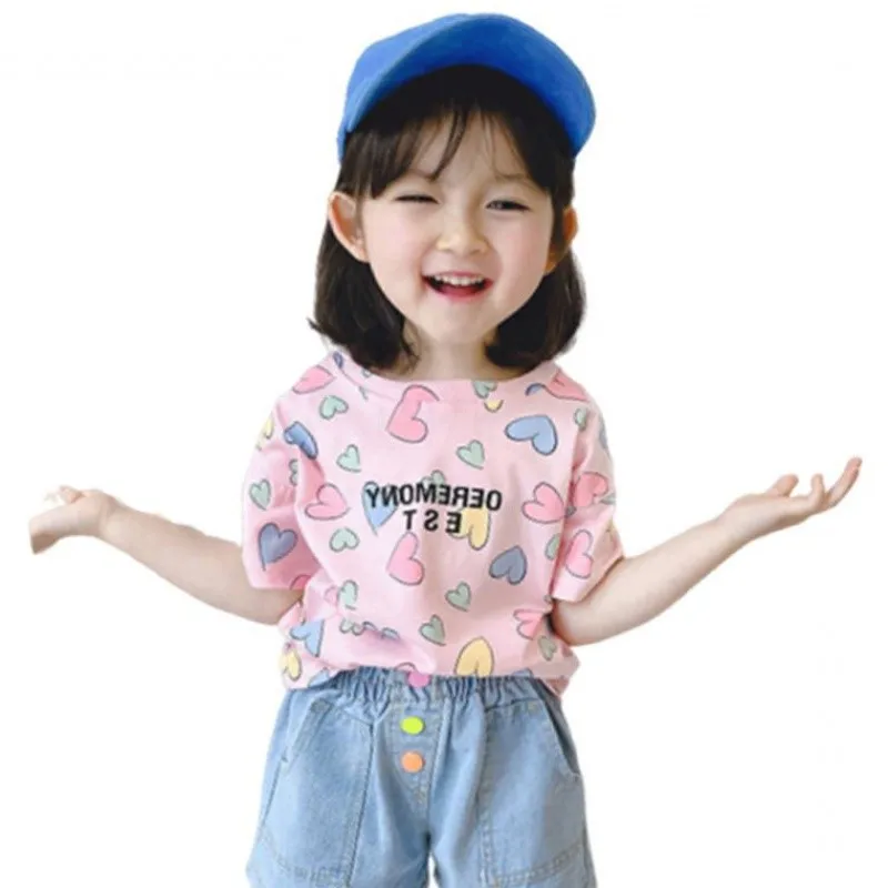 

WLG Girls Printed T Shirts Kids Clothes Summer Heart Letter Printed Short Sleeve Tops Baby Casual All Match Clothes