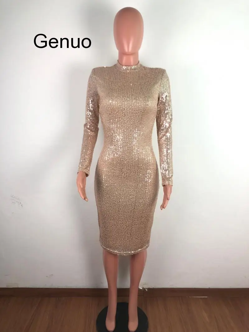 

2020 Spring Winter Dress Women Sequined Sexy Full Sleeve Bodycon O-Neck Night Club Party Street Bandage Midi Pencil Dresses