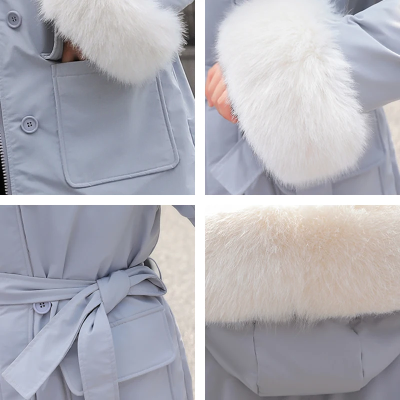 

Slim Long Parkas Female Winter Plus Size Hooded Solid Women's Jacket Korean Style With Sashes Fur Collar Thick Coat Outerwear