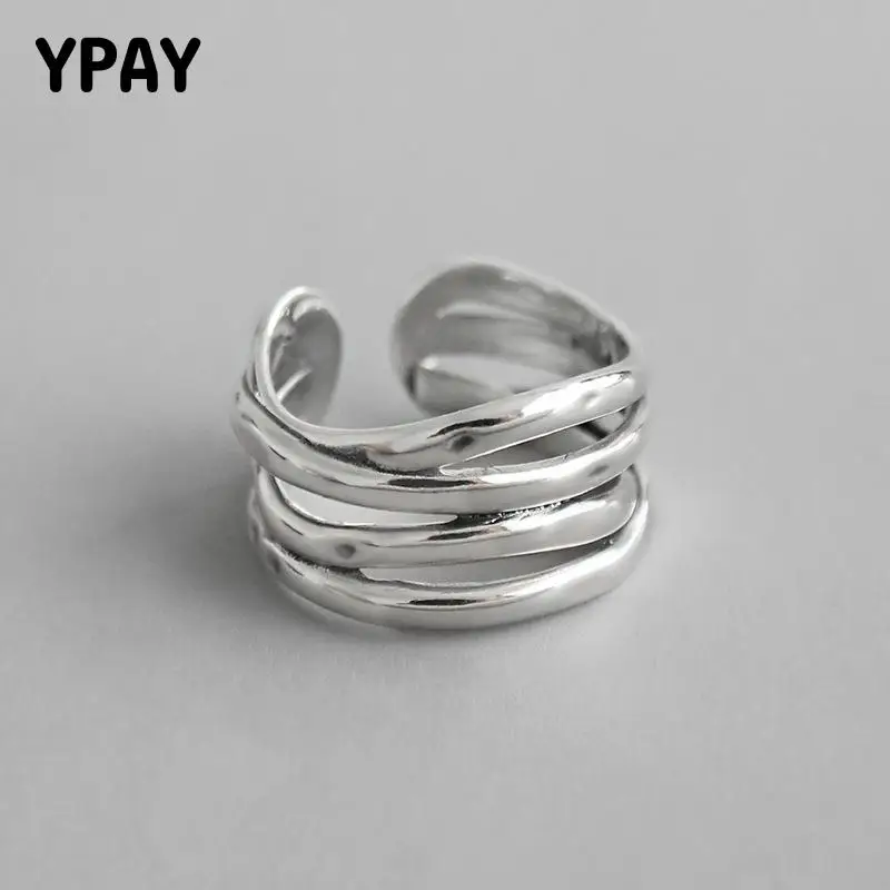 

YPAY Vintage INS Multi-layered Winding Lines Wide Rings for Women Korean Real 925 Sterling Silver Open Ring Fine Jewelry YMR792