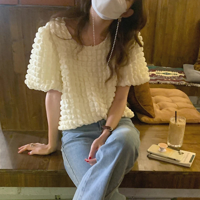 

Solid O-Neck Puff Sleeve T-Shirt Women's Korean Fashion Loose T-Shirt Woman Casual Slim Short Sleeve Tees Ladies Summer 2021