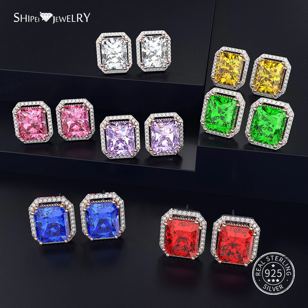 

Shipei Princess Square Stud Earrings for Women 100% 925 Sterling Silver Sapphire Ruby Emerald Wedding Earrings Fine Jewelry Gift