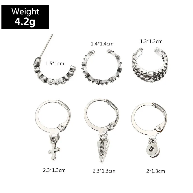 

6pcs/set Vintage Silver Color Triangle Cross Star Stud Earrings for Women Girl Metal Geometric Piercing Earrings Ear Cuff