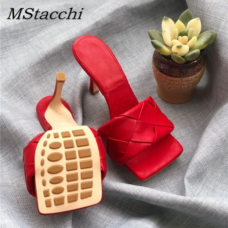 Женские тканые тапочки с квадратным носом босоножки без задника на высоком