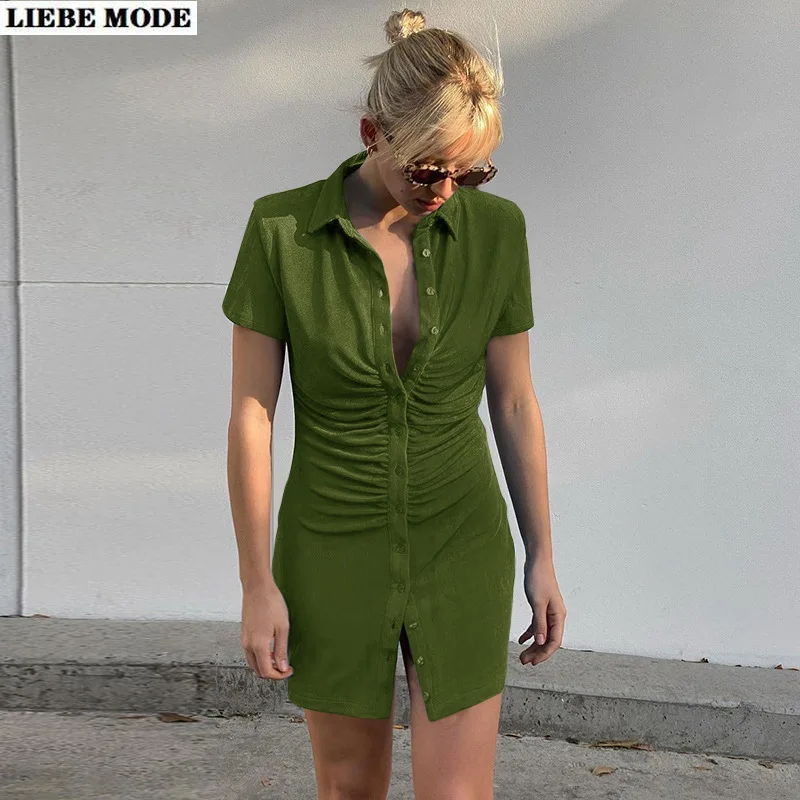

Short Sleeve Dress Shirt Women Fashion Summer Bodycon Long Fannel Shirts and Tops Single Button Front Green Orange Blue