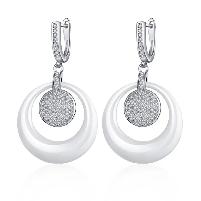 silver white MAIKALE, роскошные черно-белые керамические серьги, покрытые цирконием, золото/серебро, Круглый Круг, висячие серьги для женщин, ювелирные изделия, подарки - Окраска металла: silver white
