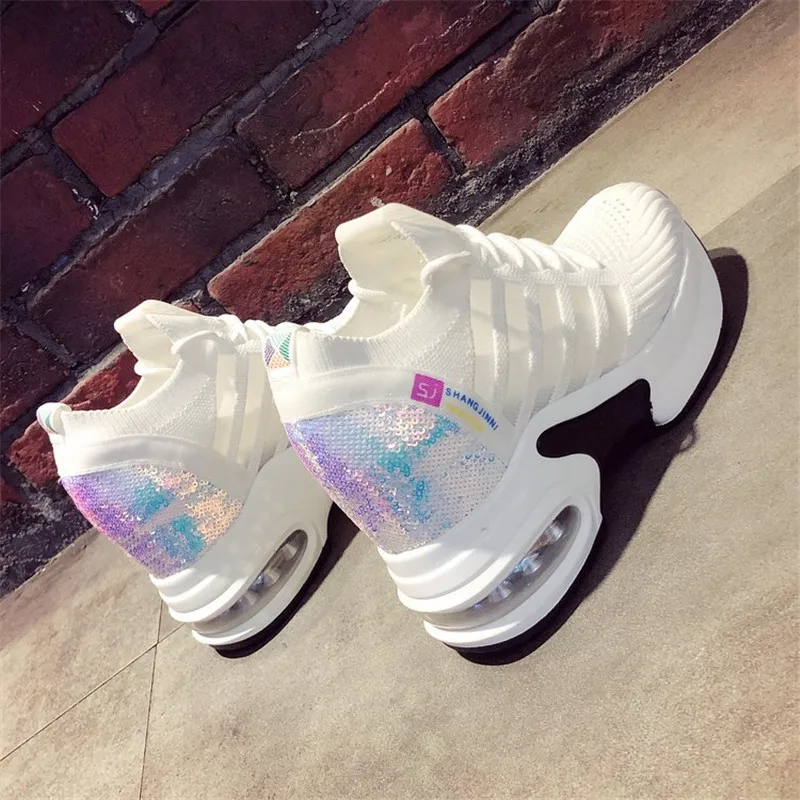 

Knitted Elastic Mesh Bling sneakers women 2020 Spring Autumn shoes women Fashion Colorful Sequined Lace-Up platform sneakers