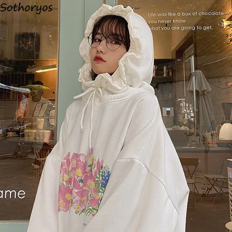 

Женские толстовки с капюшоном и цветочным принтом, милый зимний свитшот с капюшоном для студентов, свободная теплая верхняя одежда в Корейс...