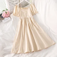 french ruffle white square collar dress women 2021 summer lady elegant pocket puff sleeve lace up casual solid maxi long dress