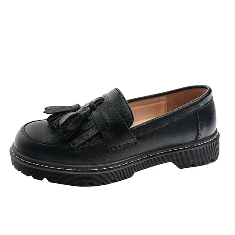 

British college style Brock small leather shoes tassel retro flat bottom thick heel leather single shoes women's work shoes