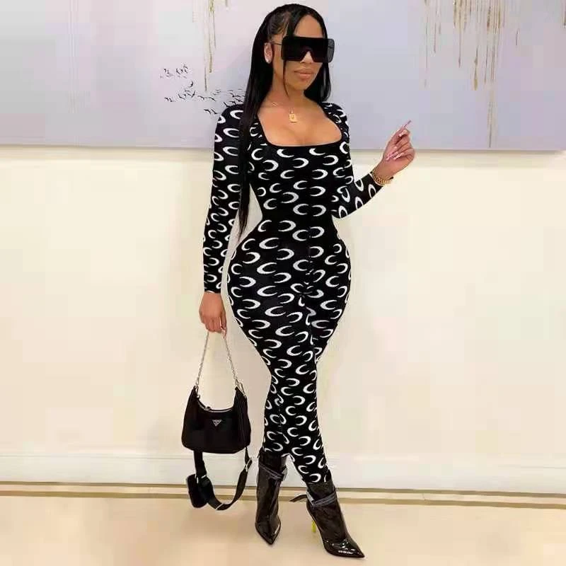 

TNNAOFF New Popular Print Slim Bodycon Jumpsuit Tracksuits for Women Fall Sexy Long Sleeve One Piece Club Casual Sports Rompers