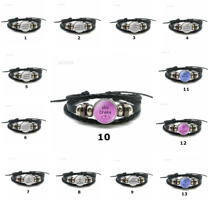 

Romantic Couple Weave Leather Bracelet Glass Dome Punk Bracelet Jewelry''His Crazy '' ''Her Weirdo'' Bracelet Accessories