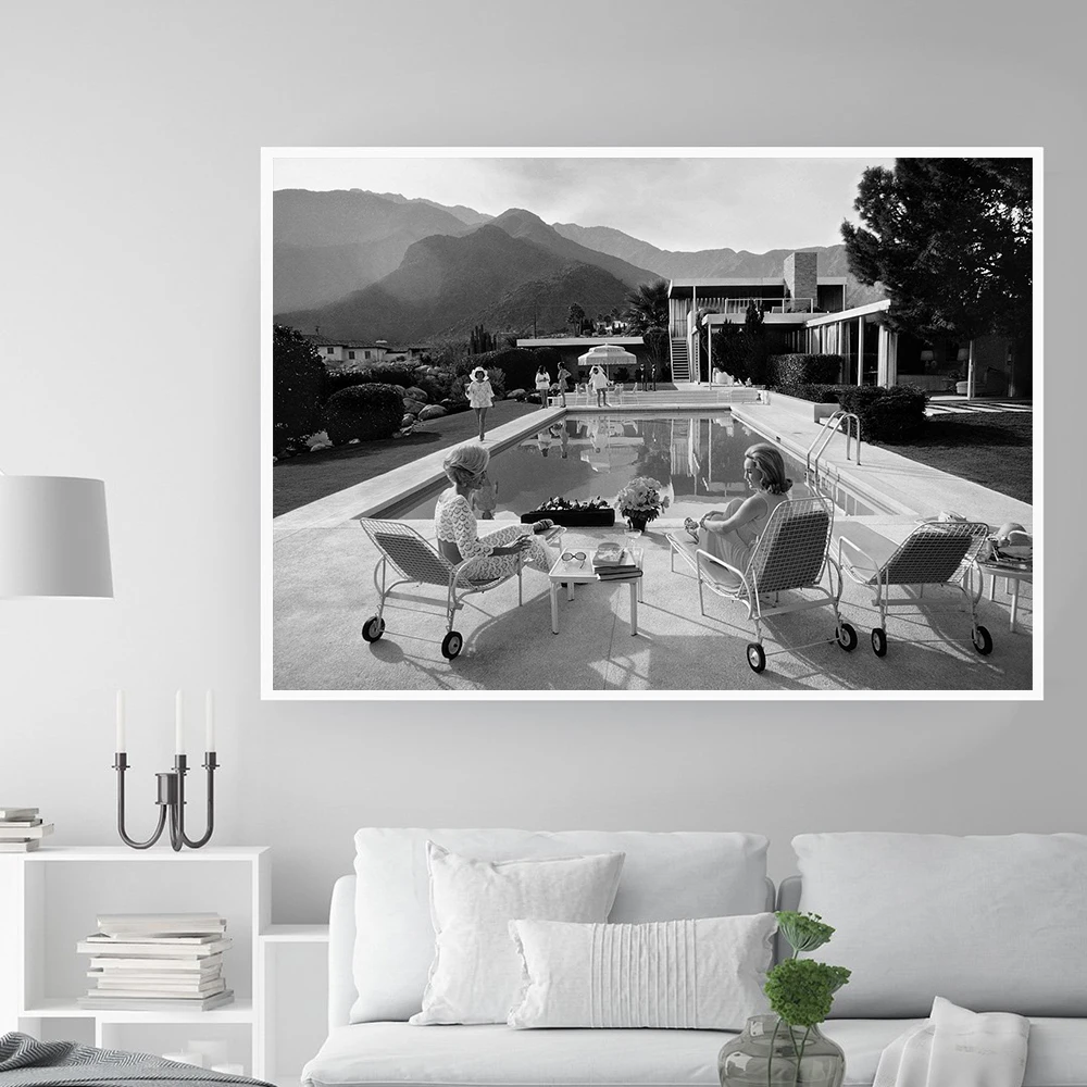 

Black White Pool Party Wall Art Prints Nordic Poster Mid Century Vintage Photography Canvas Painting Picture Living Room Decor