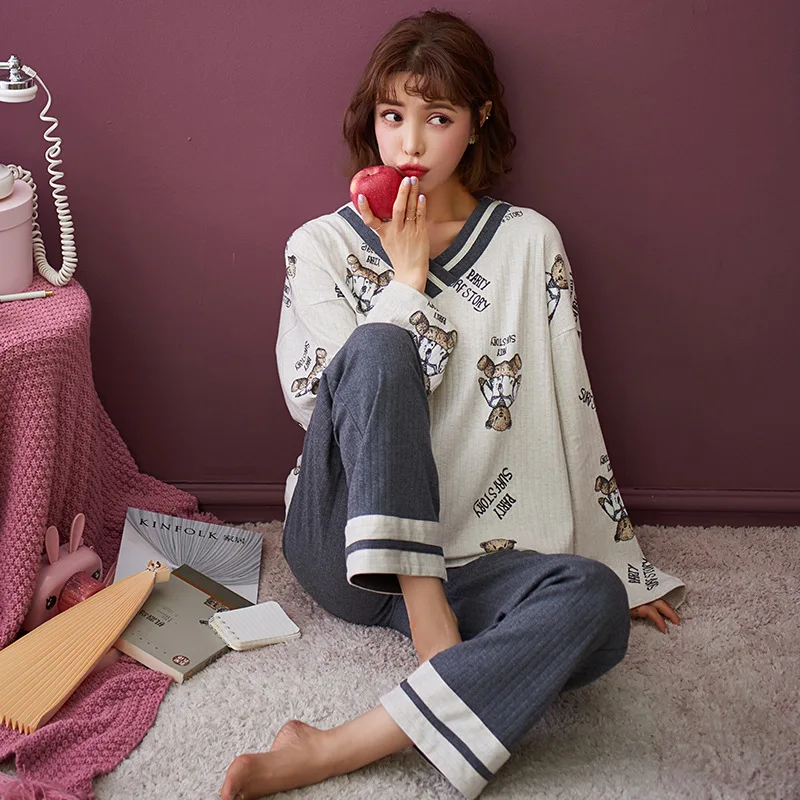 NIGHTWA Long Sleeves Pants Women's Pajama Loungewear Pijama Sweet Soft Pyjama Winter Autumn Sleepwear Cute Print Nighty |