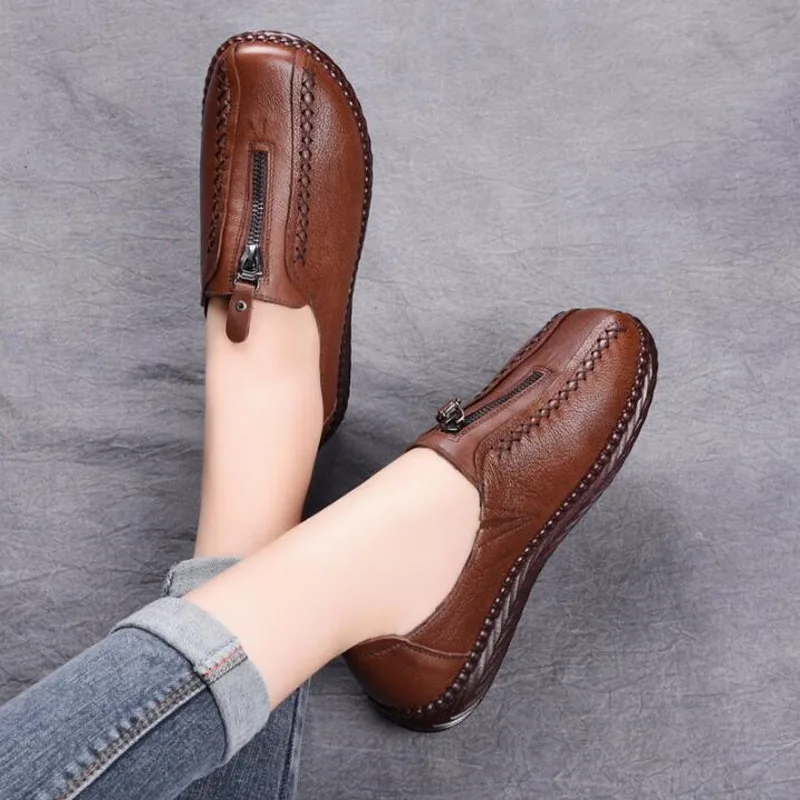 New Spring Ladies Genuine Leather Handmade Shoes Women Slip On Hand-sewed Flat Shoes Women 2020 Summer Soft Loafers Flats