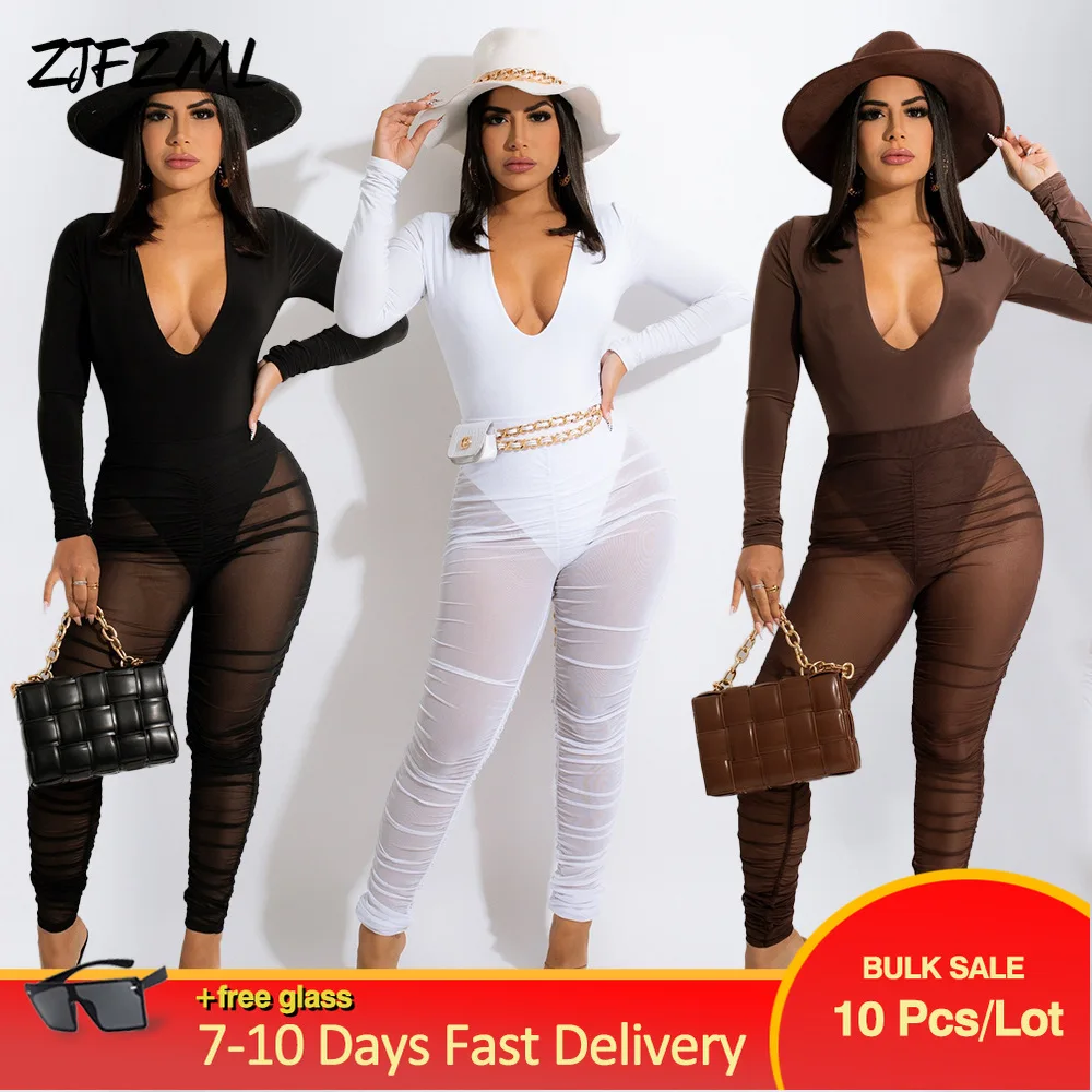 

Wholesale Bulk Items Lots Women's Sets Solid Color Deep V Neck Full Sleeve Skinny Bodysuit & Mesh Transparent Stacked Leggings