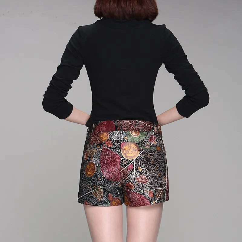Korean Fashion Office Lady Print Floral Shorts Mid Waist Slim Fit Sheepskin Trouser Female Straight Autumn Real Leather Feminino