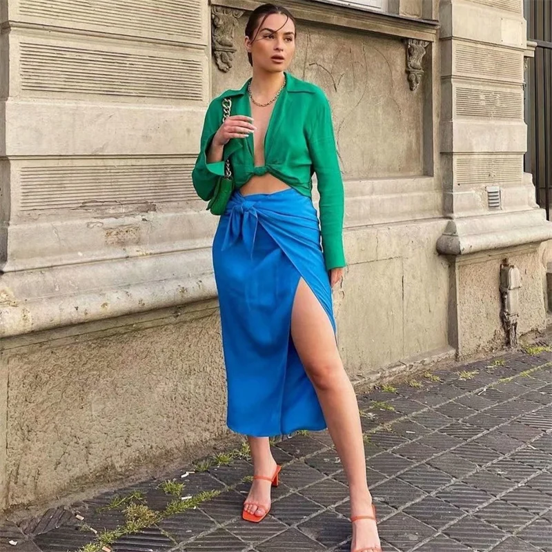 

ZA 2021 Blue Wrapped Midi Female Dress Vintage High Waist Summer Sarong Skirt Fashion Side Knotted Slit Ruched Woman Skirt Mujer