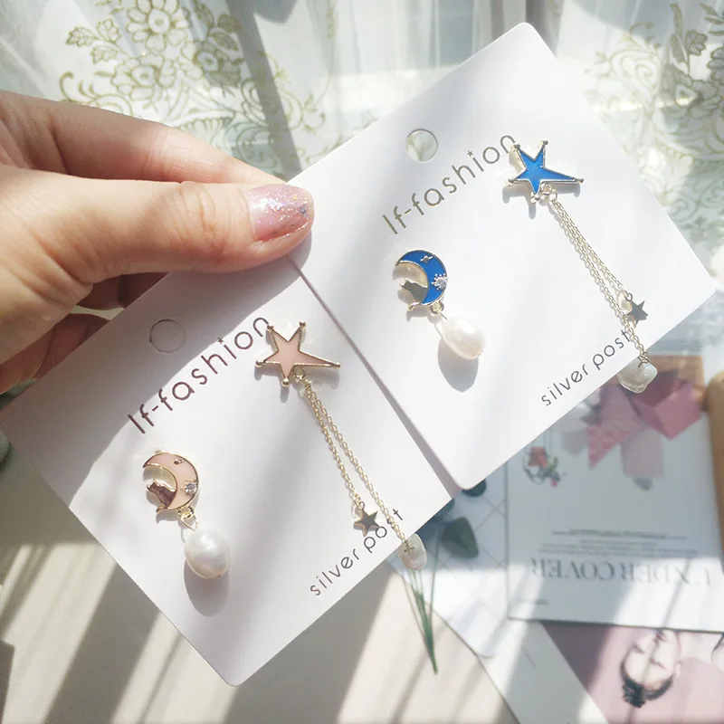 

Fashion cute long earrings 2021 new pink star moon cat asymmetrical cute February 14 gift earrings