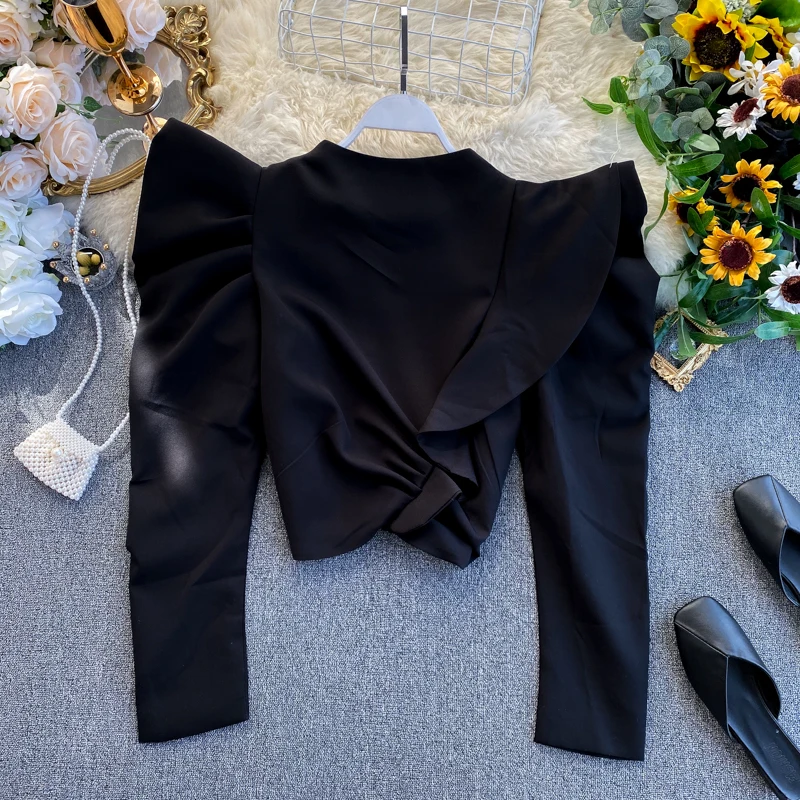 

Ruffles Pleated Women Blouse Summer New O-Neck Puff Sleeved Solid Short Empire Office Lady Elegant Pulls Tops