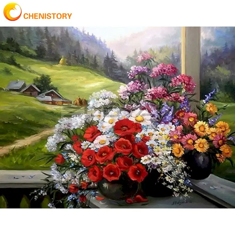 

CHENISTORY Paint By Numbers Kits For Kids Red Flower Grass Oil Picture By Number HandPainted 40x50cm Framed On Canvas Art Photo