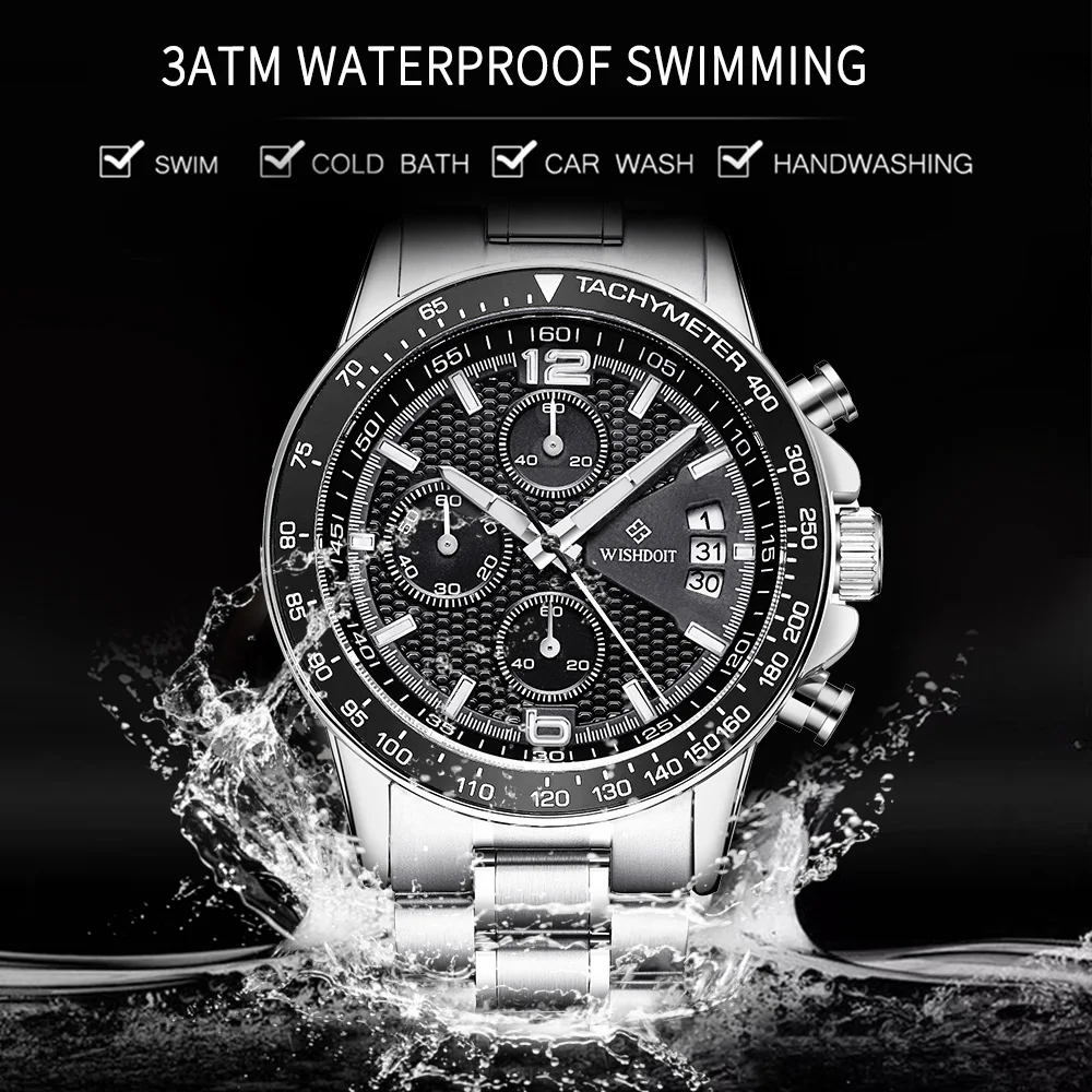 Часы WISHDOIT Мужские кварцевые брендовые Роскошные водонепроницаемые в стиле
