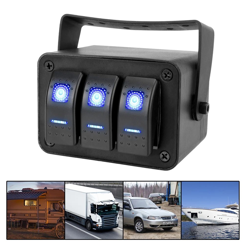 12-24V 2/3 Gang Car Toggle Rocker Switch Panel With Blue LED Light Indicator Rotate Case Waterproof Circuit Control Box Relay