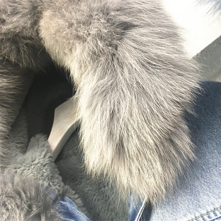 gray fur Новая модная теплая женская зимняя Толстая Съемная джинсовая куртка пальто с натуральным лисьим меховым воротником - Цвет: gray fur