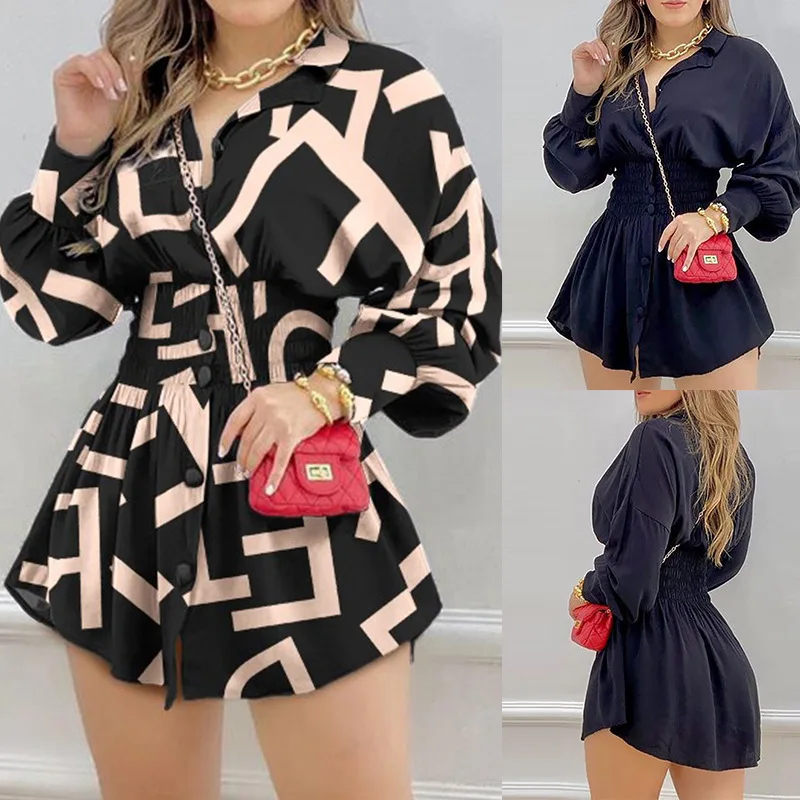 

New autumn and winter fashion printed waist shirt pleated shirt skirt dress