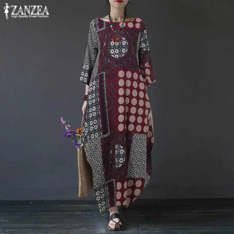 Wine Red Женское платье макси с принтом, сарафан, ZANZEA размера плюс, льняное платье, Летнее Длинное платье с длинным рукавом, туника, Vestiso, Повседневные Вечерние платья - Цвет: Wine Red
